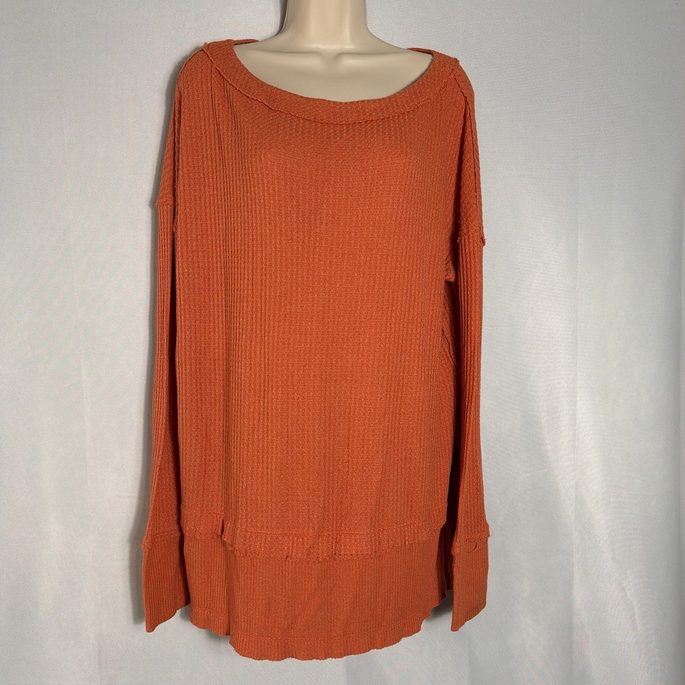 We The Free Top Waffle Knit Thermal Oversized Long Sleeve Orange Small Women